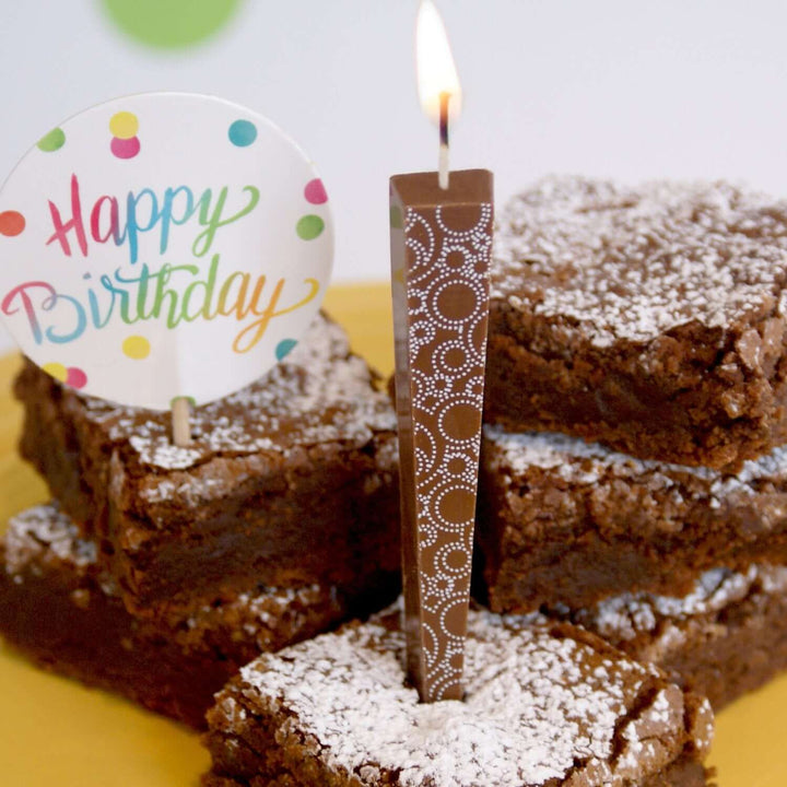 Edible Milk Chocolate Candle with Circle Swirls on birthday brownies | Let Them Eat Candles