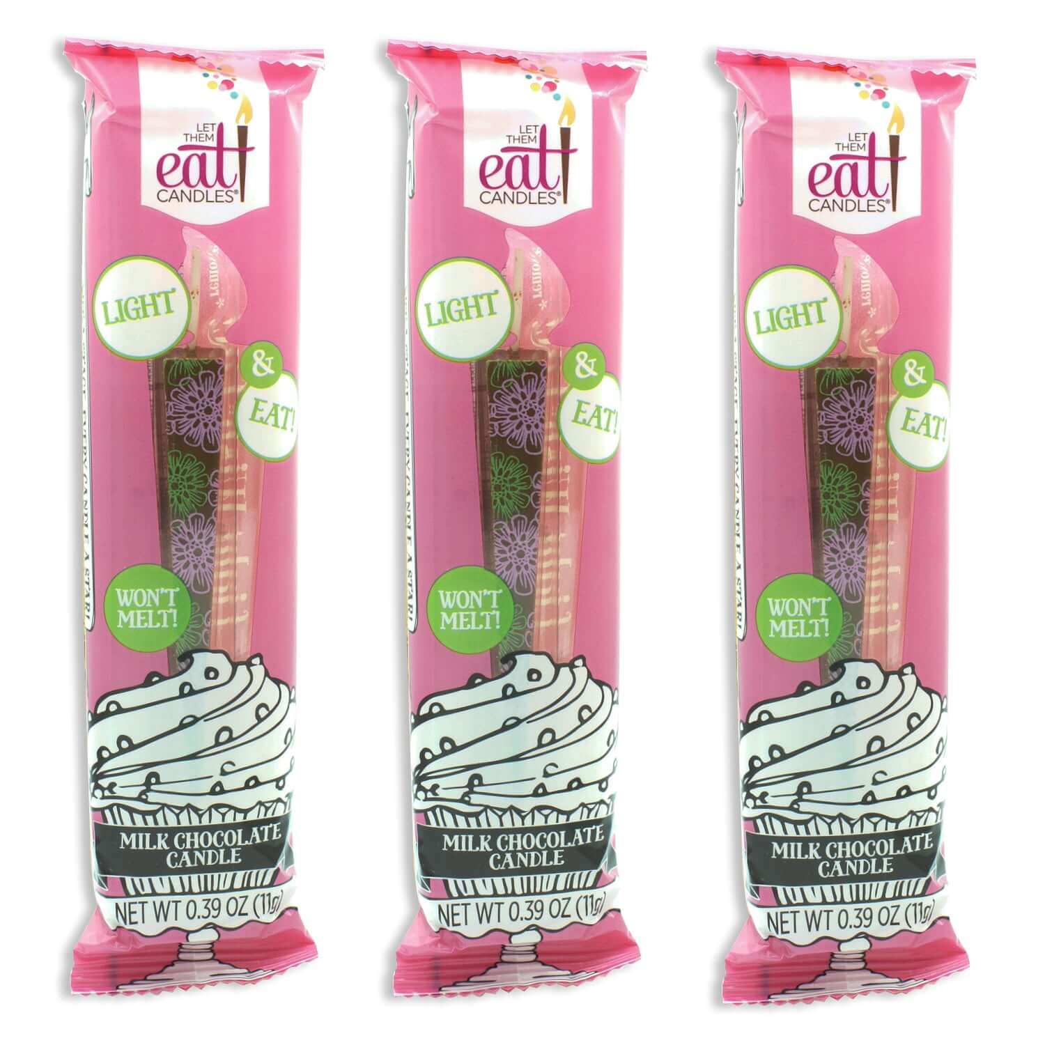 3 Edible Milk Chocolate Candles with Pink/Green Flowers  Individually Packaged | Let Them Eat Candles