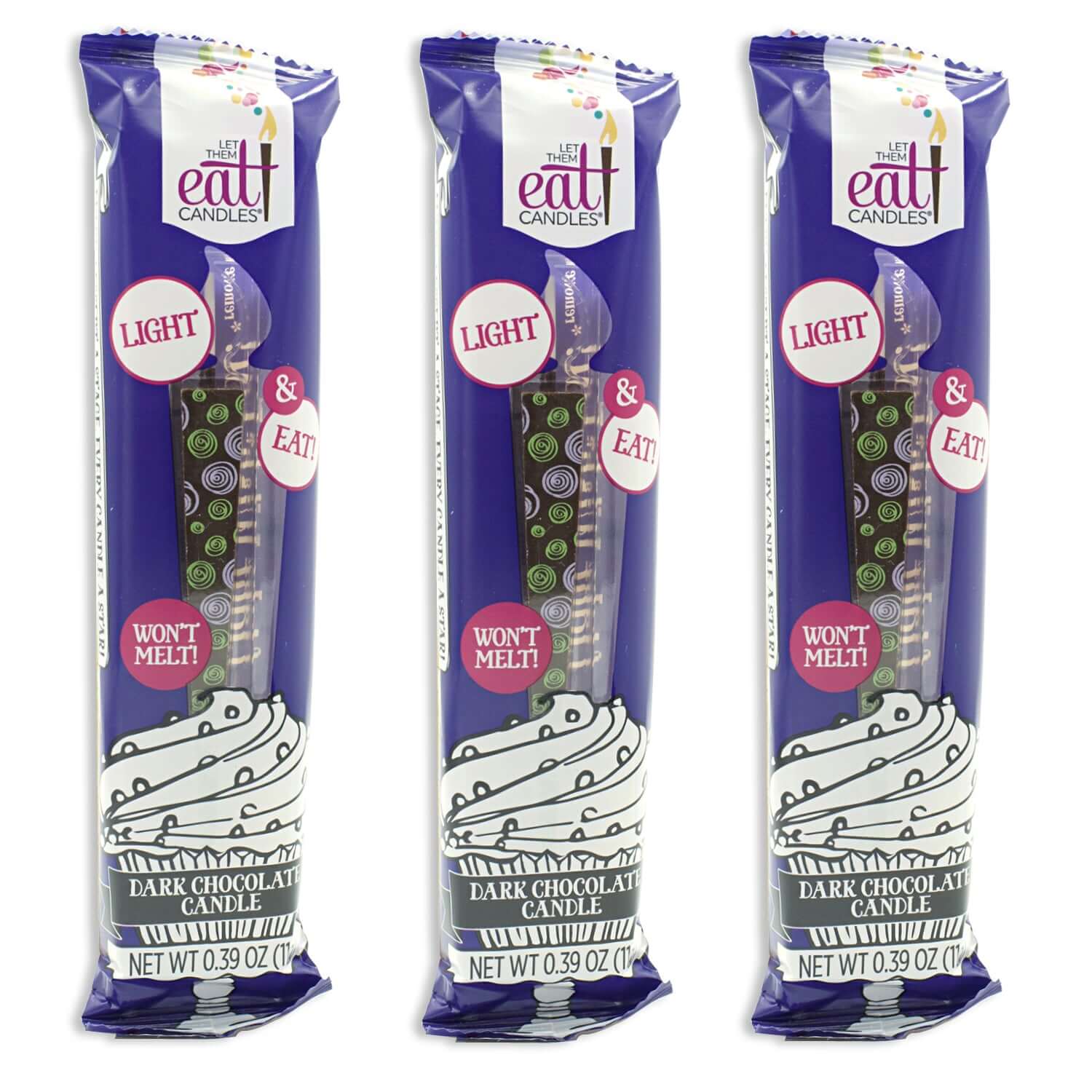 3 Edible Dark Chocolate Candles with purple/green spirals Individually Packaged | Let Them Eat Candles