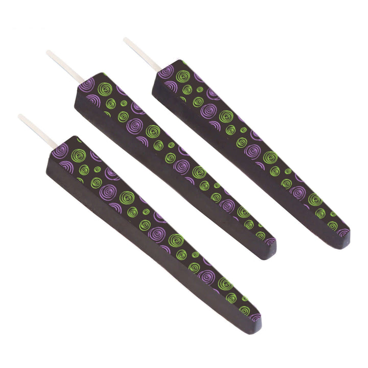 3 Edible Dark Chocolate Candles with purple/green spirals | Let Them Eat Candles