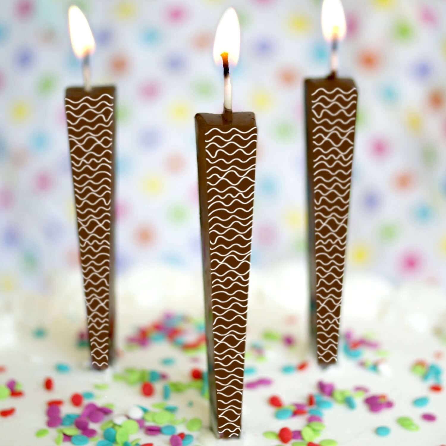 Edible Milk Chocolate Candles with white waves on cake with sprinkles | Let Them Eat Candles
