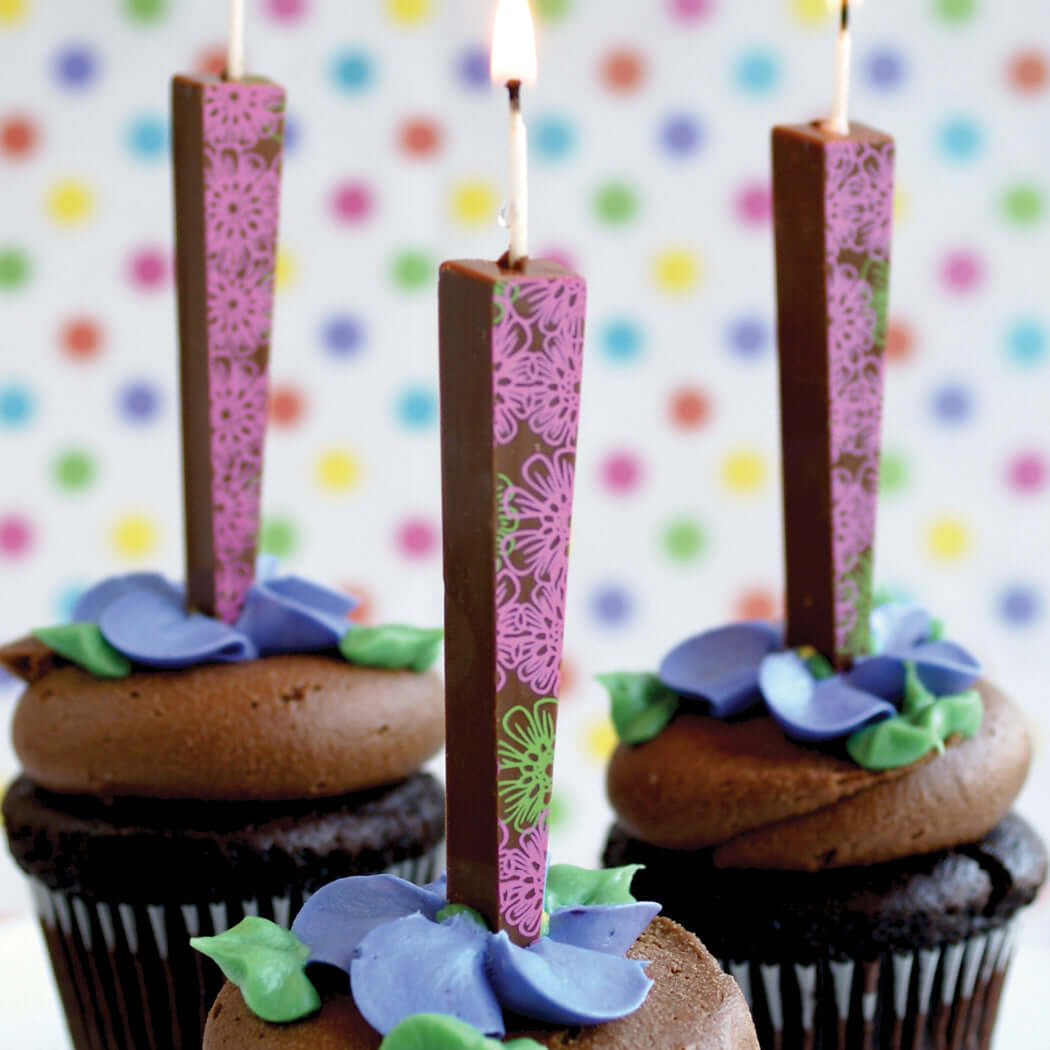 Edible Milk Chocolate Candles with Pink/Green Flowers in cupcakes | Let Them Eat Candles